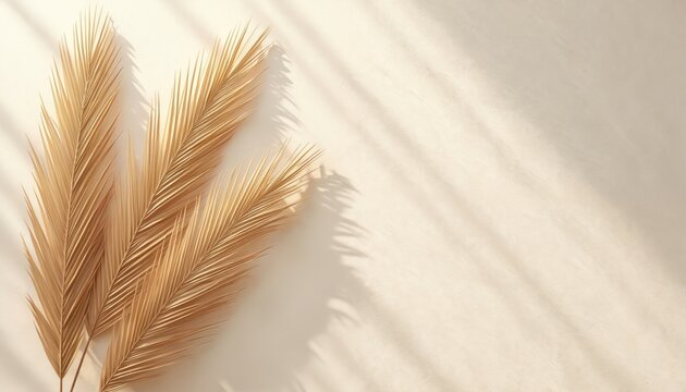 Golden palm leaves artfully arranged on soft beige background, casting subtle shadows. Botanical illustration features serene, organic texture, perfect for summer decor, wallpapers, natural-themed