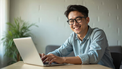 Happy asian man works on laptop smiling looking at camera. Person uses tech gadget, modern computer indoors. Young business person, pro, office worker, entrepreneur. Remote work.