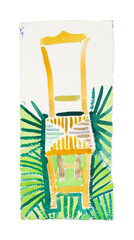 Watercolor painting of a wooden straw chair with palm leaves background, naive style, tropical atmosphere, artistic composition inspired by Van Gogh, bright abstract brushstrokes, summer interior art.