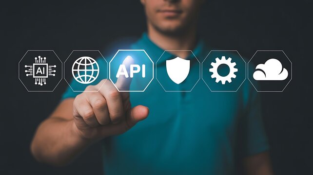 Man touching virtual screen with api icon and other technology icons, representing application programming interface, software development, and digital transformation