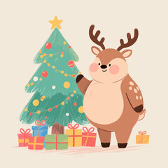 Naklejka premium Cute cartoon reindeer decorating Christmas tree with colorful gifts 