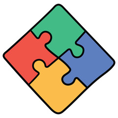Hand-drawn cartoon four connected colorful puzzle pieces on a white background.