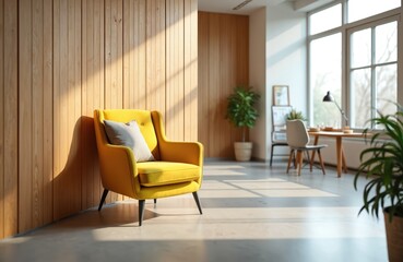 Fototapeta premium Stylish modern office interior with natural light. Yellow armchair stands near wooden wall. Comfortable space for relaxation. Green plants, simple table and chair. Bright open-plan design.