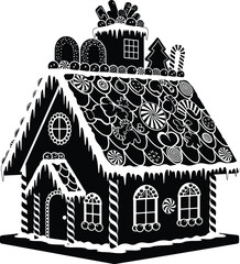 Whimsical black and white illustration of a detailed gingerbread house adorned with festive decorations