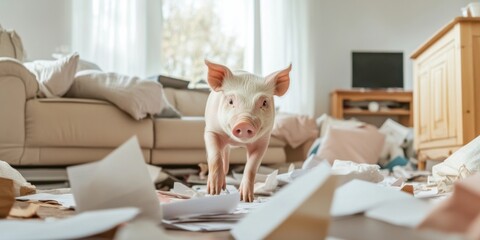 A playful pig has turned a messy living room into a delightful chaos and disorder