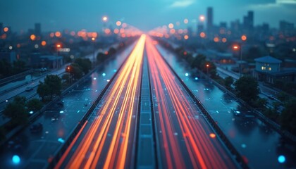 Highway traffic flow visualization captures motion blur of car lights on urban road at night. Digital data streams, mobile connectivity concepts represented by light trails. City skyline in