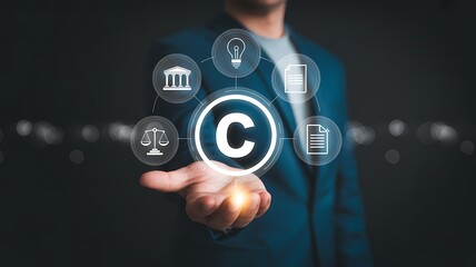 Fototapeta premium A businessman holding a copyright symbol with icons representing intellectual property rights, law, idea, document, and justice, ensuring legal protection