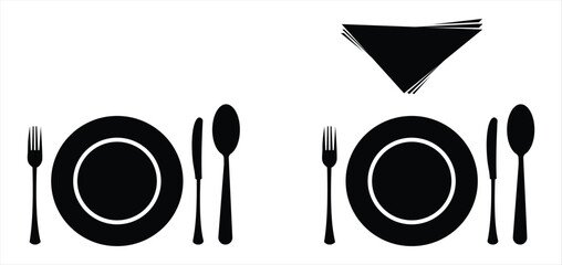 Elegant Cutlery and Plate Icon Set – Minimalist Black and White Dining Utensil Silhouettes for Restaurant and Tableware Design
