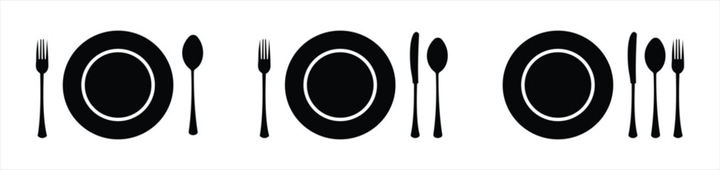 Elegant Cutlery and Plate Icon Set – Minimalist Black and White Dining Utensil Silhouettes for Restaurant and Tableware Design