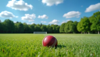 Red cricket ball rests on vibrant green grass field under bright blue sky with scattered clouds. Rich trees form backdrop. Focus on ball, hinting at sport, competition, and summer leisure activities.