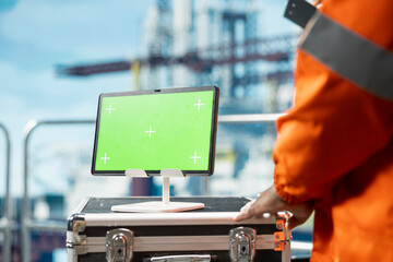 Close up of green screen mockup tablet uses by offshore platform engineer tracking oil production efficiency. Drilling rig employee uses chroma key device to check equipment sensor readings