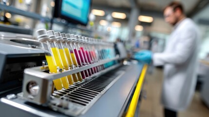Chemical research laboratory showing vibrant liquid reagents in a precise arrangement of glass test tubes within an automated scientific experiment system.