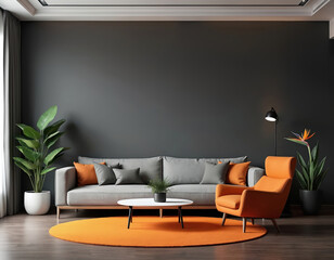 Modern living room interior with grey sofa, orange armchair, plants. Minimalist decor features white coffee table on orange rug. Dark grey wall provides sophisticated backdrop for stylish, pro space.