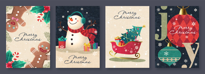 Merry Christmas decorative greeting card set. Vintage Christmas design with calligraphy, cute hand drawn festive snowman, gingerbread man, Santa’s sleigh, Xmas ornaments, vector templates