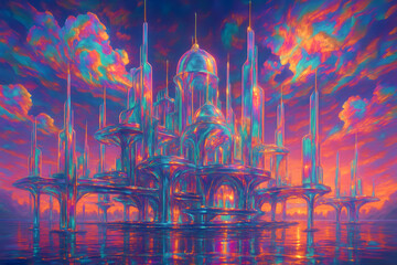 Obraz premium Psychedelic Glass Cityscape, Futuristic Trippy Urban Skyline, Colorful Surreal Architecture, Abstract Neon Metropolis for Creative Projects