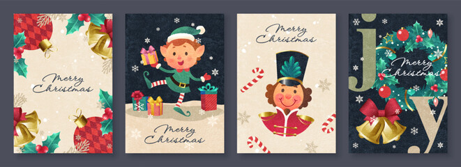 Merry Christmas decorative greeting card set. Vintage Christmas design with calligraphy, cute hand drawn festive elf, nutcracker, candy cane, Xmas ornaments, vector templates