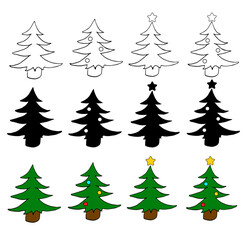 Hand-drawn christmas tree silhouette vector icon set. Outline, silhouette and color versions.