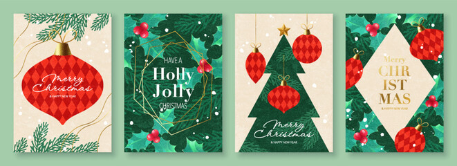 Merry Christmas and Happy New Year decorative greeting card set. Modern Christmas design with Christmas tree, typography, hand drawn festive holly, Xmas ornaments, vector templates