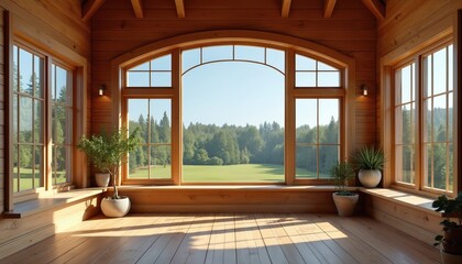 Interior view of wooden room with large windows framing green landscape. Room features natural wood paneling, polished wooden floors, multiple windows including large arched central pane offering