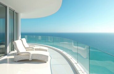 Modern oceanfront balcony features white wicker lounge chairs facing expansive turquoise sea views. Contemporary design with curving balustrade, sunlit patio offers luxurious relaxation spot. Serene