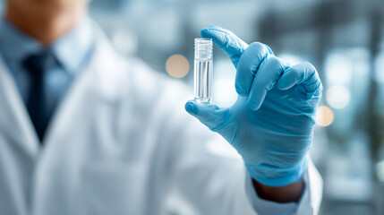 Innovative Scientist Conducting Medical Research in Laboratory with Test Tube and Blue Gloves &ndash; Healthcare and Bioengineering Analysis in a Clinical Research Facility