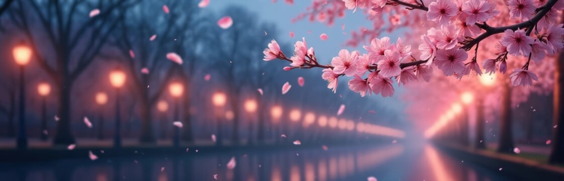 Romantic night scene. Cherry blossoms gently swept away by soft breeze. Twilight hours with pink flower petals. Beautiful night with reflection in the water. Nature landscape, romance, dreamy vibe.