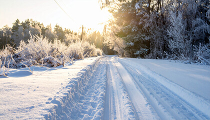 Obraz premium Snowy dirt road with deep tire tracks leading into the distance, frosted trees, rural winter vibe
