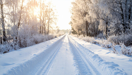 Fototapeta premium Snowy dirt road with deep tire tracks leading into the distance, frosted trees, rural winter vibe
