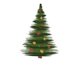 Decorated Christmas tree in brushstroke style. Isolated vector image for Christmas and New Year design. Hand drawn original illustration.