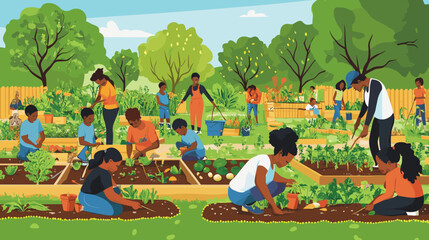 Diverse group gardening in a community garden. All ages and backgrounds engaging in planting, watering, and harvesting. Sustainability, family, health-related campaigns, educational content, community