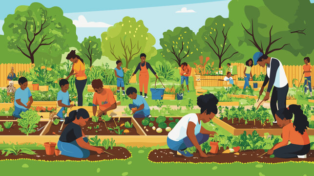 Diverse group gardening in a community garden. All ages and backgrounds engaging in planting, watering, and harvesting. Sustainability, family, health-related campaigns, educational content, community