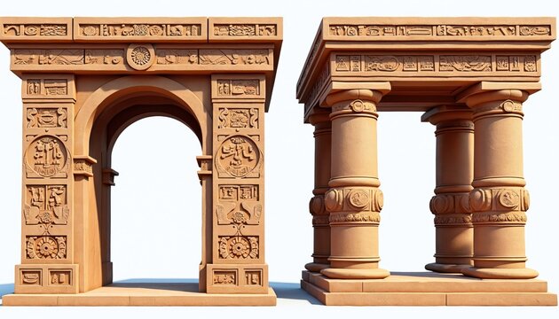 Illustration features detailed Mayan architectural elements arch lintel columns. Carvings display intricate patterns designs. Historical building evokes ancient culture tradition. Ideal for travel