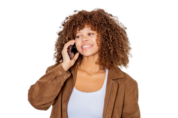 beautiful young woman with afro hair smiling talking on mobile phone isolated on white background