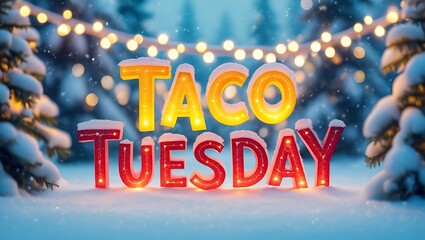 Festive Taco Tuesday Winter Scene with Snow Covered Trees and Lights