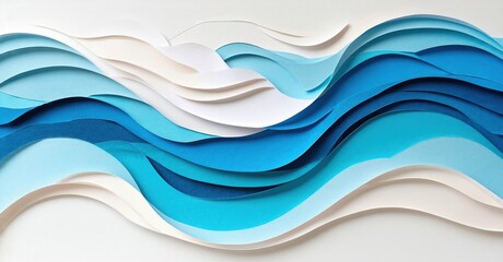 Fototapeta premium Layered paper creates ocean waves. Blues, whites blend, forming fluid abstract seascape. Texture prominent, calming visual effect.