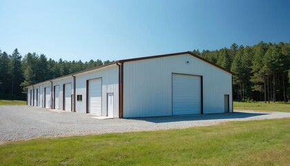 Obraz premium Spacious metal building with multiple garage doors, roll-up doors, situated in rural landscape. Features gravel parking area, green grassy field, dense forest backdrop under clear blue skies with