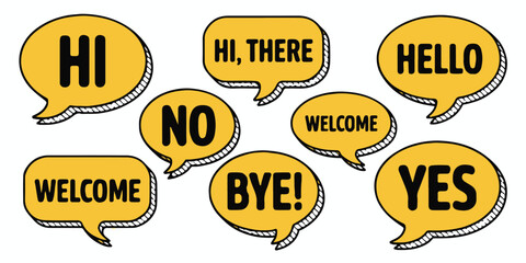 friendly conversational speech bubble icons yellow greetings collection hi hello welcome bye