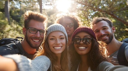 Happy group of friends taking a cheerful selfie outdoor