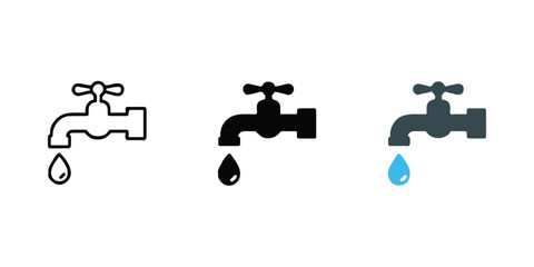 minimal faucet icon trio with dripping water elements black outline bold solid and gray to blue gradient vector pack