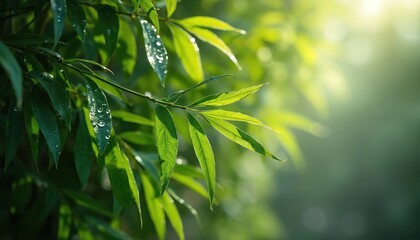 Obraz premium Illustration close-up of green willow leaves illuminated by sunlight, water drops. Natural background, ideal for eco projects, backgrounds, wellness content. Perfect for project needs nature theme.