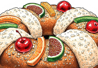Rosc&oacute;n de reyes, sweet bread for Epiphany. Traditional ring-shaped cake for Three Kings Day, with candied fruit and sugar. Illustration for celebration.