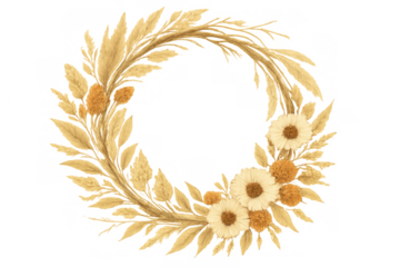 Boho chic wreath with pampas grass, dried flowers, and beige natural elements, creating a stylish bohemian frame