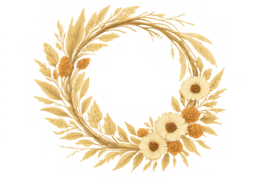 Boho chic wreath with pampas grass, dried flowers, and beige natural elements, creating a stylish bohemian frame