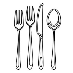 Black And White Cutlery Elements, Line art Fork, Knife, and Spoon, Sketch Style Isolated. Set Hand Drawn Doodle Simple, Illustration In Engraving Style, Outline icons 