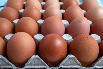 Close-up of brown eggs filling a gray cardboard carton grid, raw baking and breakfast ingredients, repeating organic pattern and textured surface detail