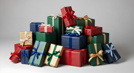 Pile of wrapped presents in various colors with ribbons for winter  