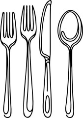 Black And White Cutlery Elements, Line art Fork, Knife, and Spoon, Sketch Style Isolated. Set Hand Drawn Doodle Simple, Illustration In Engraving Style, Outline icons 