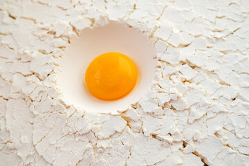 Glossy orange egg yolk poised in a textured crater of fine white flour, surrounded by cracked,...