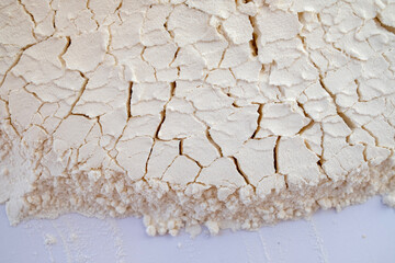 Close-up of cracked white flour surface texture, abstract baking ingredient background, fine powder detail for culinary design and food packaging