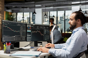 Portfolio manager reviews asset performance and adjusts holdings for optimal growth. Financial expert oversees diversified investment portfolios to maximize returns for clients